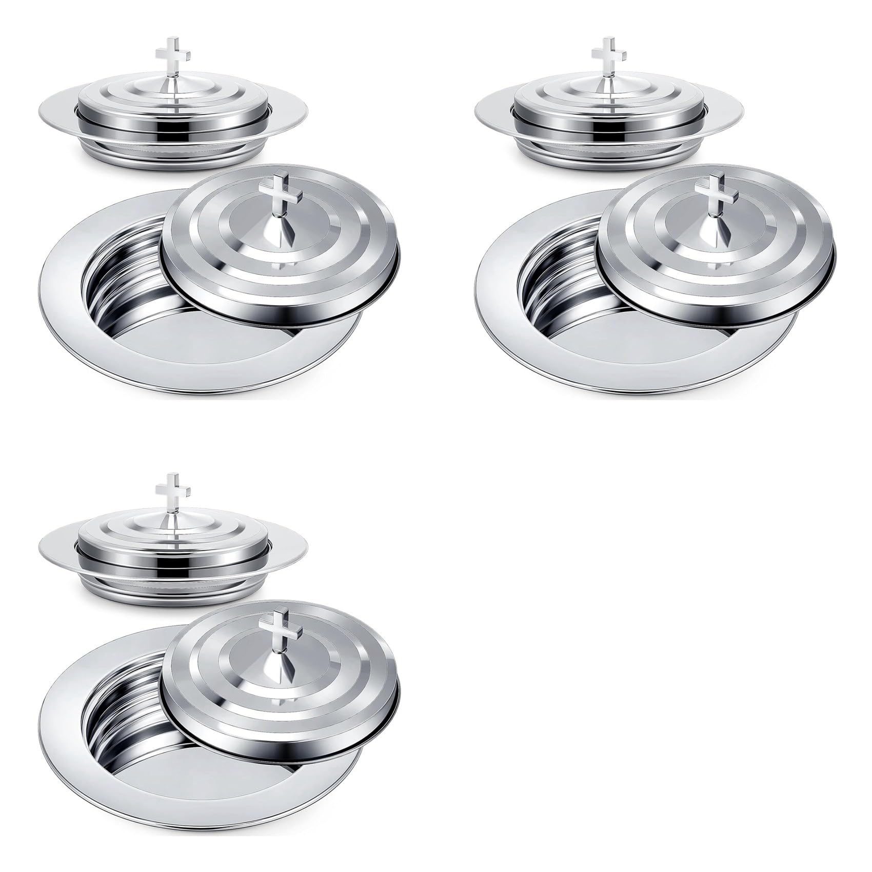 Hndhbfgrt 3X Silver Communion Set with Lid, Stainless Steel Bread Tray Plates for Churches, Holy Communion Tray with Cover, Church