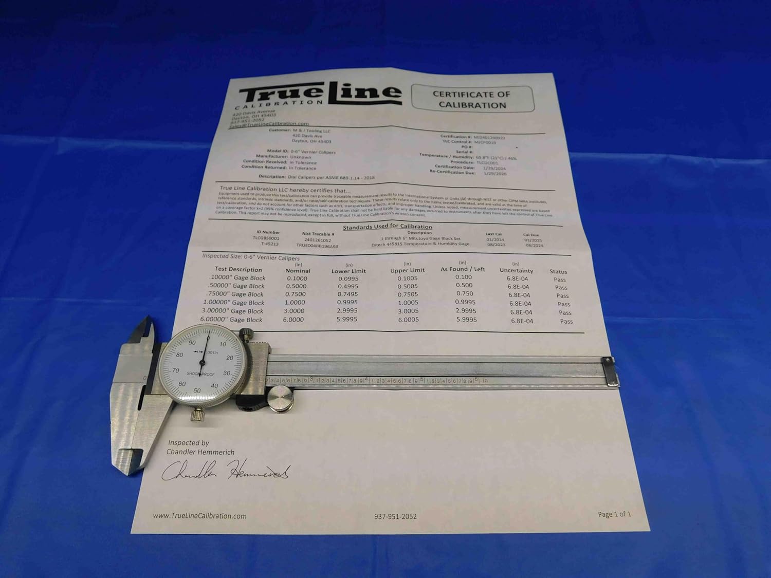 M & J Tooling LLC CALIBRATED 0-6"" Inside/Outside Vernier Calipers (.001"") Shock Proof Inspection - BR3462LVR
