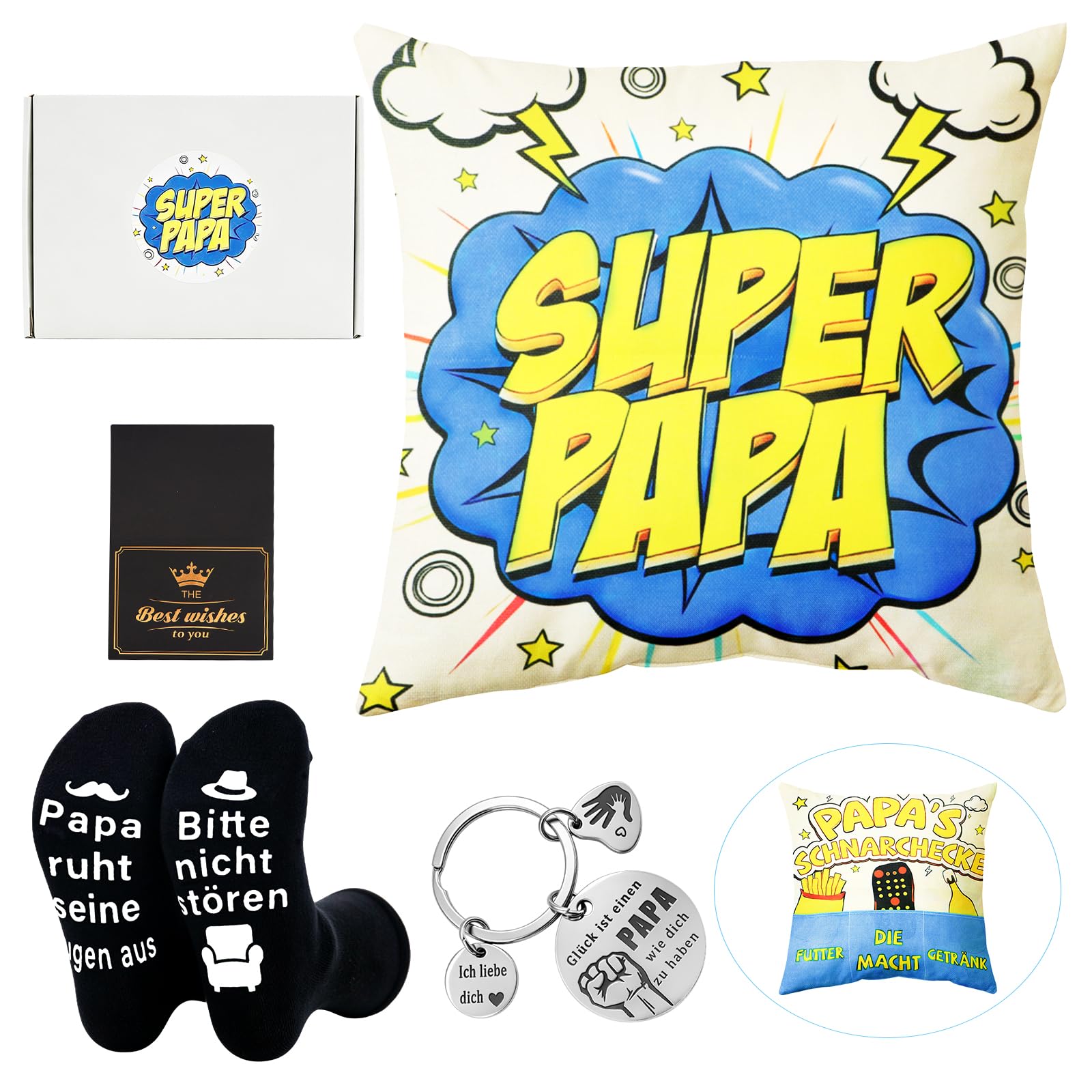 KASURE Vatertagsgeschenk für Papa, Papa Geschenk Geburtstag, Geburtstagsgeschenk für Männer, Bester Männer Geschenke mit Kissenbezug 45 x 45 cm, Socken, Schlüsselanhänger
