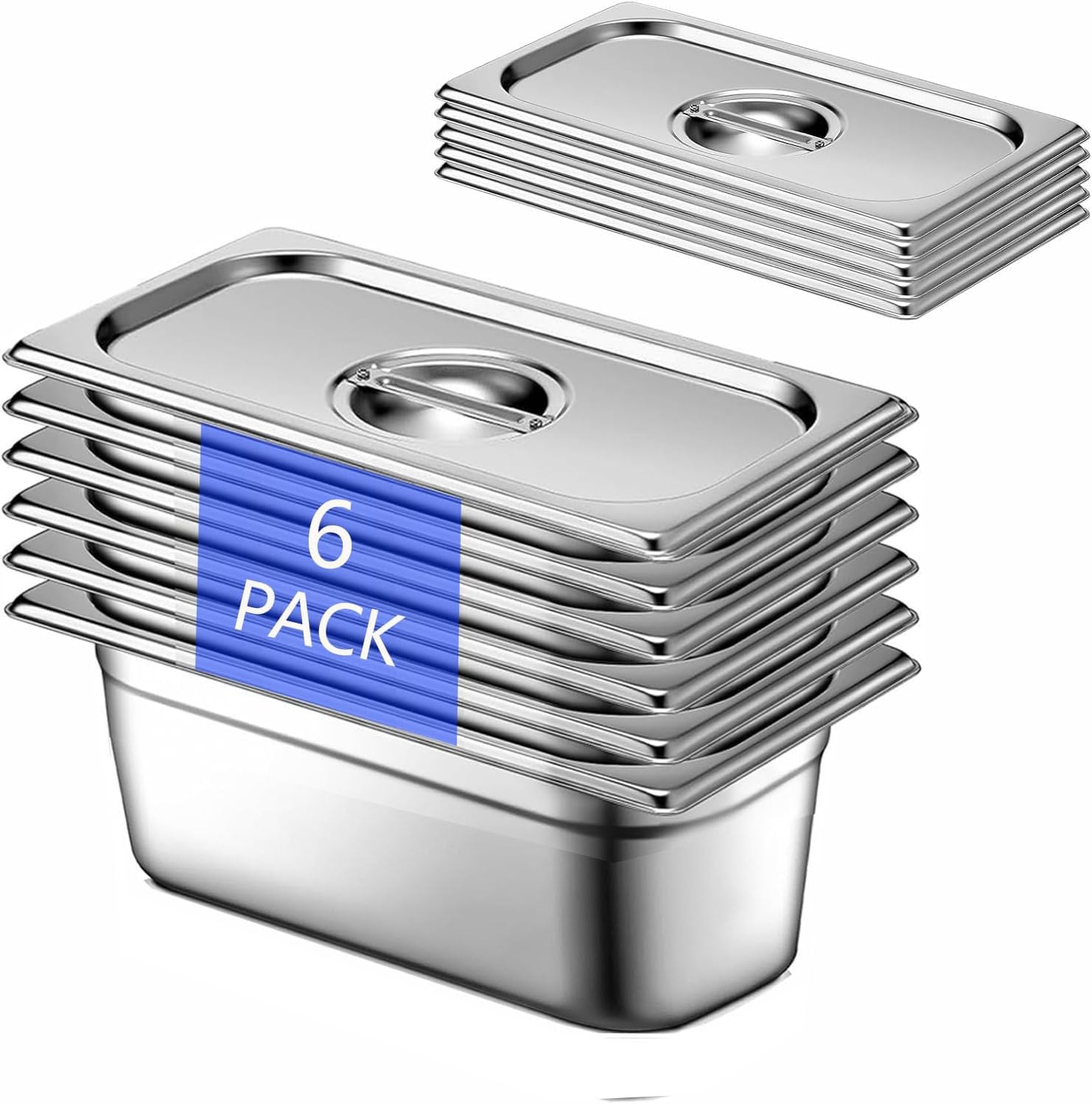 6 recipientes GN 1/3, 32,5 x 17,5 x 10 cm, acero inoxidable con tapa, recipientes gastro para comida, tartas, sartén de hotel, mesa