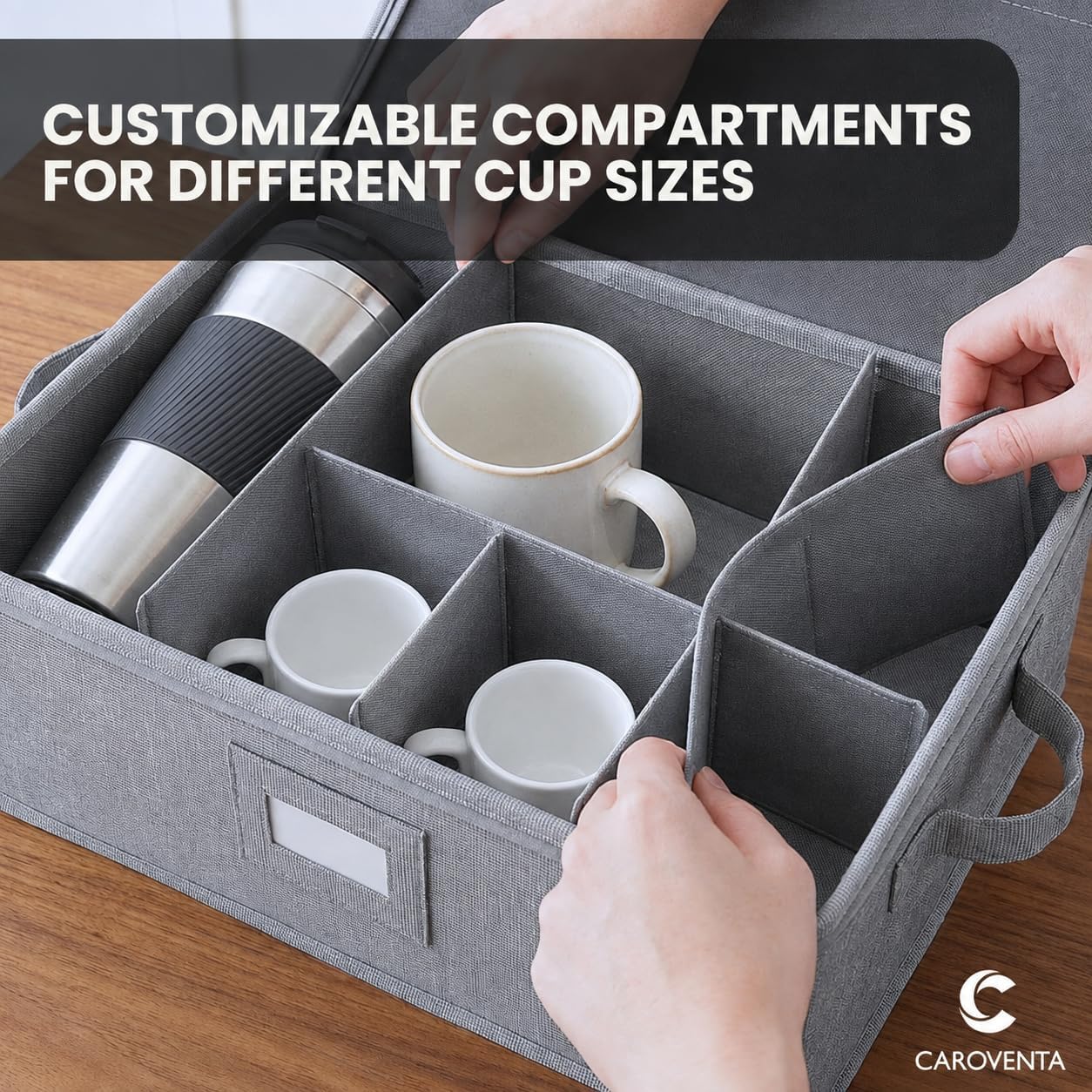 Coffee Mug Storage Box with Lid – 12 Compartment Cup Organizer for Kitchen & Pantry – Stackable Linen-Style Container with Adjustable Dividers, Handles & Label Slot – Gray image 3