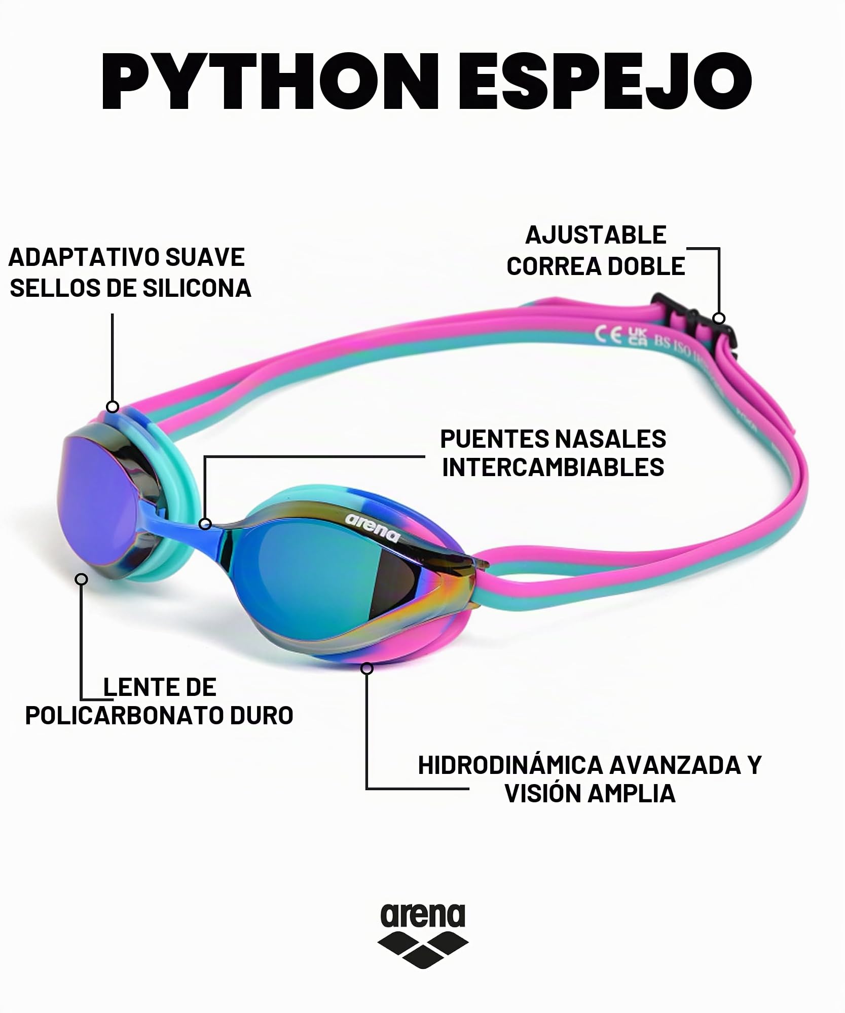 ARENA Gafas de natación unisex Python Racing para hombres y mujeres, antivaho, sin fugas, máxima comodidad, doble correa, lente espejo/no espejo
