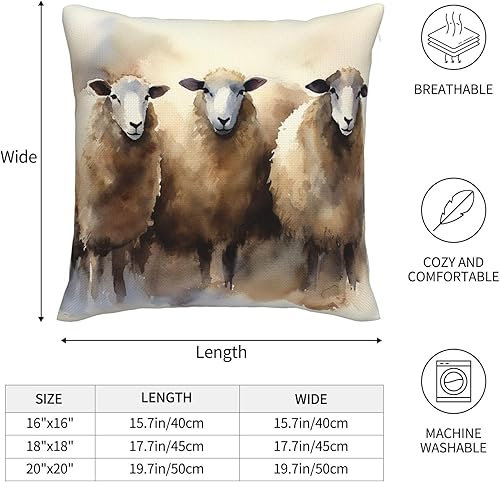 Miniatura 2 de Fundas de almohada cuadradas de 16 x 16 pulgadas, funda de cojín cuadrada de ovejas en acuarela moderna de arpillera de lino suave para sofá, cama,