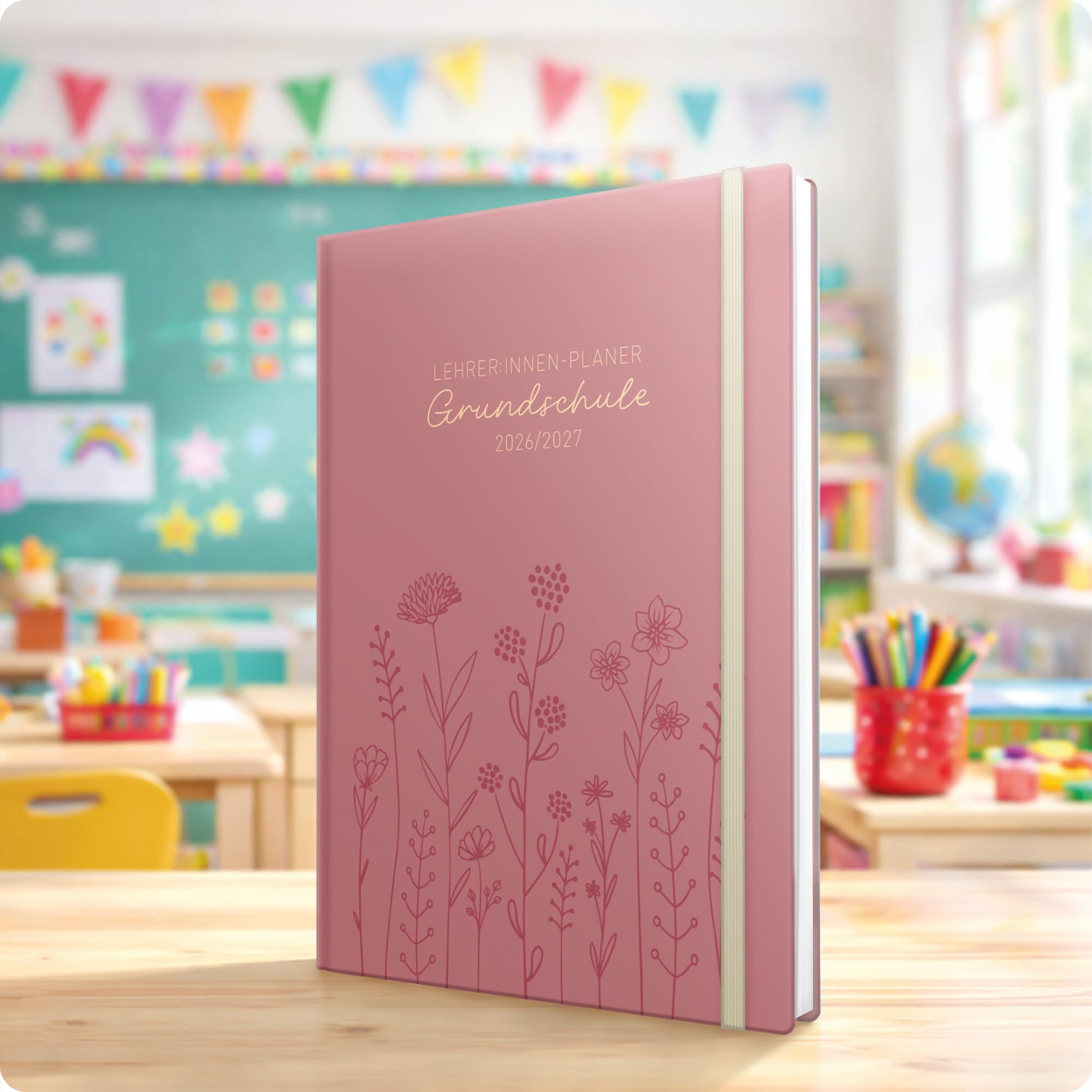 Häfft® Lehrerplaner Grundschule 2026/2027 im A4+ Format Hardcover - Schuljahr 12 Monate (Aug 26 - Jul 27) Lehrerkalender & Unterrichtsplaner für Klasse 1–4 "Fine Flowers rosé"