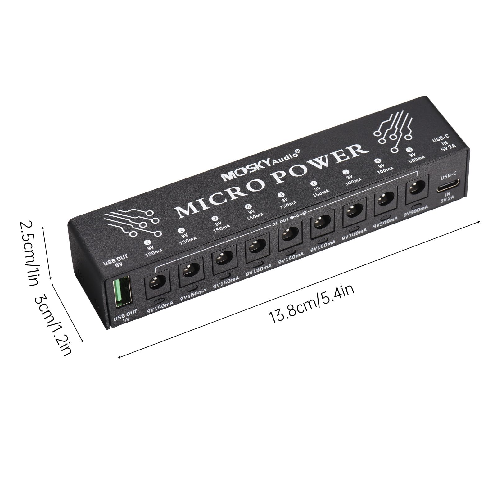 Btuty Alimentatore per Chitarra Ricarica di Strumenti Musicali A 10 Canali con Protezione da Cortocircuito Indipendente Indicatore LED 9 Uscite Dc E 1 Uscita USB per Effetti A Pedale Chitarra Altri