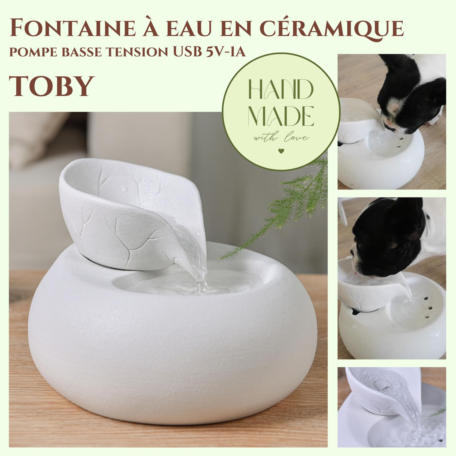 Zen'Light - Fontana Toby per gatti e cani - Abbeveratoio per animali domestici in ceramica smaltata - Dispenser di acqua senza colore, non tossico - Circuito dell'acqua chiuso senza luce - Altezza 18
