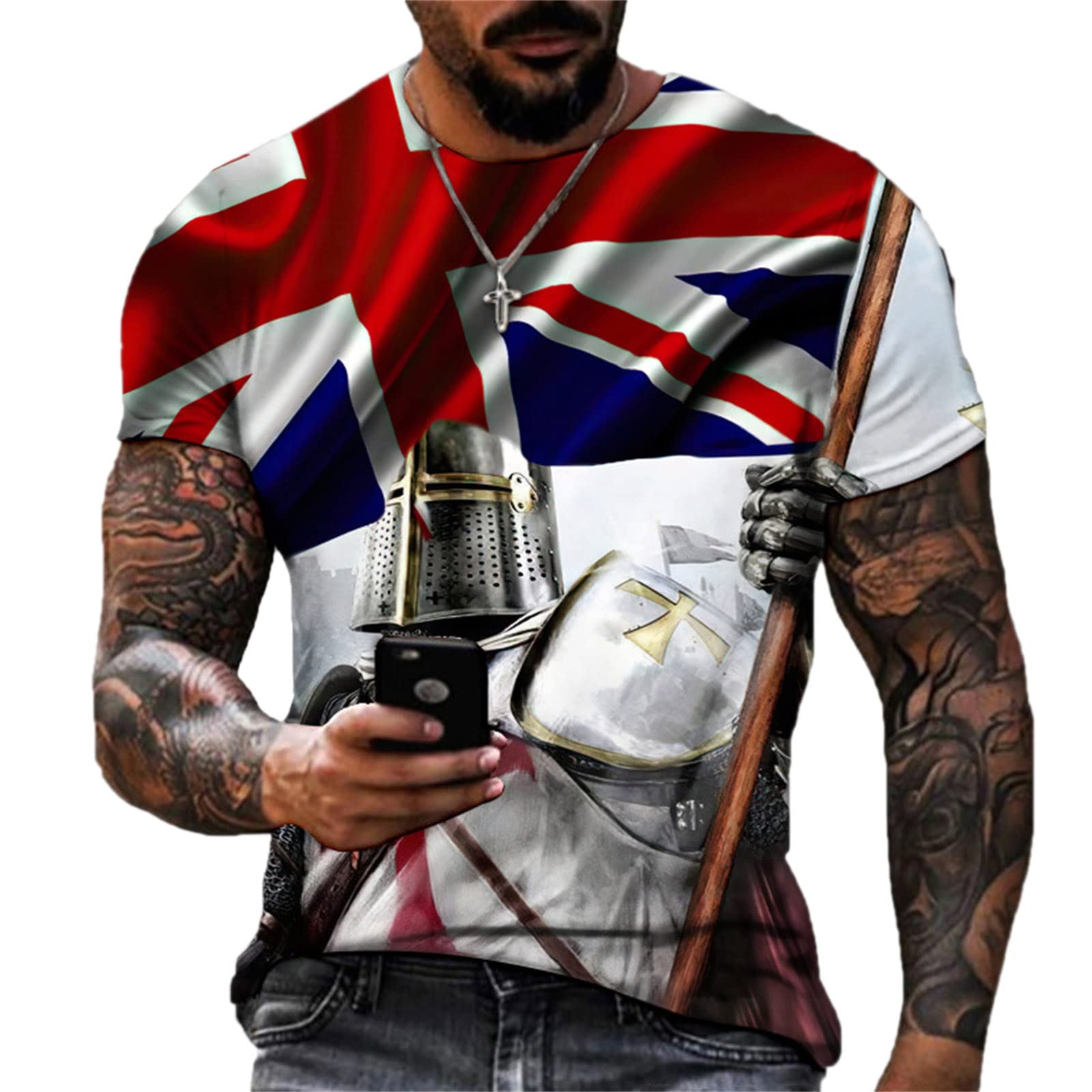 Oneforus Men's # 5 T-Shirt Viking Knight Templar 3D Print T-Shirt Retro Crusader Samurai Pattern Short Sleeve T Shirt Tops