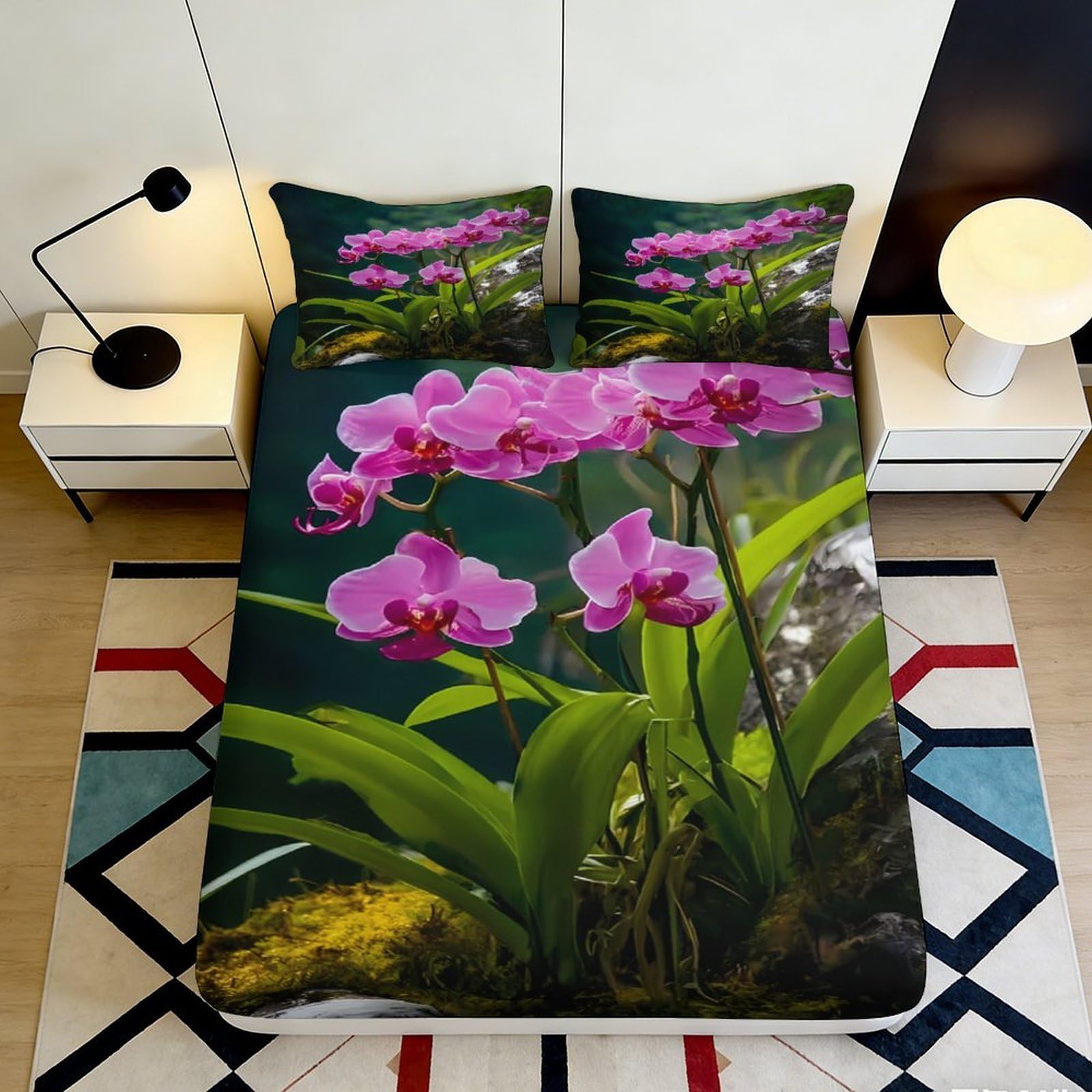 3D Printed Orchid Floral Fitted Sheet Microfiber Non-Slip Deep Pocket Orchid Mattress Fitted Cover for Bedroom Bedding 200x200x25cm 90x200x25cm