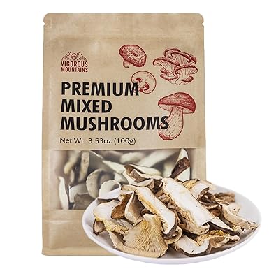 VIGOROUS MOUNTAINS Dried Mixed Mushrooms Blend for Cooking - Porcini Shiitake Oyster & Champignon - 3.53oz (100g) - Soft Texture Bold Flavor & Vegan - Ideal for Cooking