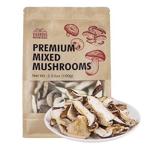 VIGOROUS MOUNTAINS Dried Mixed Mushrooms Blend for Cooking - Porcini Shiitake Oyster & Champignon - 3.53oz (100g) - Soft Texture Bold Flavor & Vegan - Ideal for Cooking