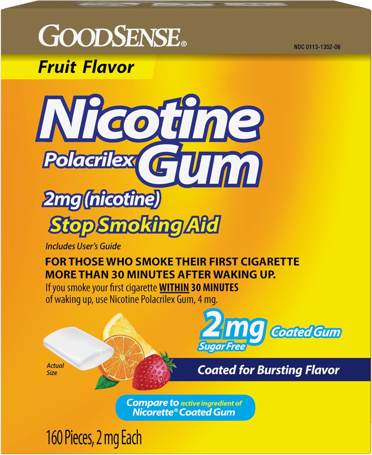 Coated Nicotine Polacrilex Gum, 2 mg (Nicotine), Stop Smoking Aid, Fruit Flavor