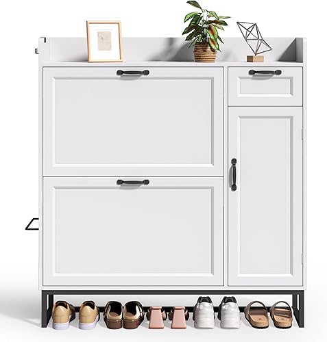 Miniatura 8 de Ahomly Zapatero blanco de 42 pulgadas, 2 cajones abatibles (ajustables), armario lateral, cajón de almacenamiento y parte superior abierta, ganchos
