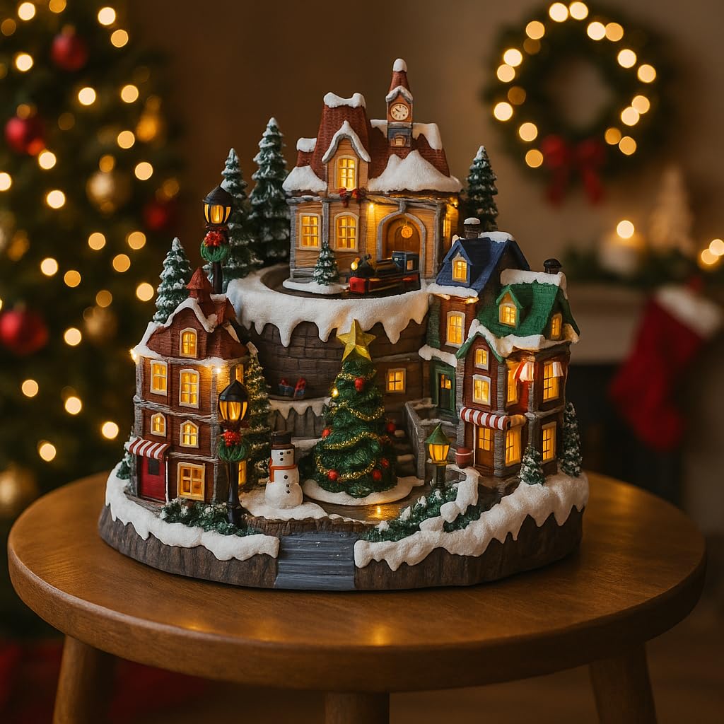 VARZI Carillon Natalizio Villaggio Luminoso con Trenino, Case e Albero di Natale, 37 LED fissi, Decorazione Festiva Interna, Perfetta per Le Feste 30cm 1956