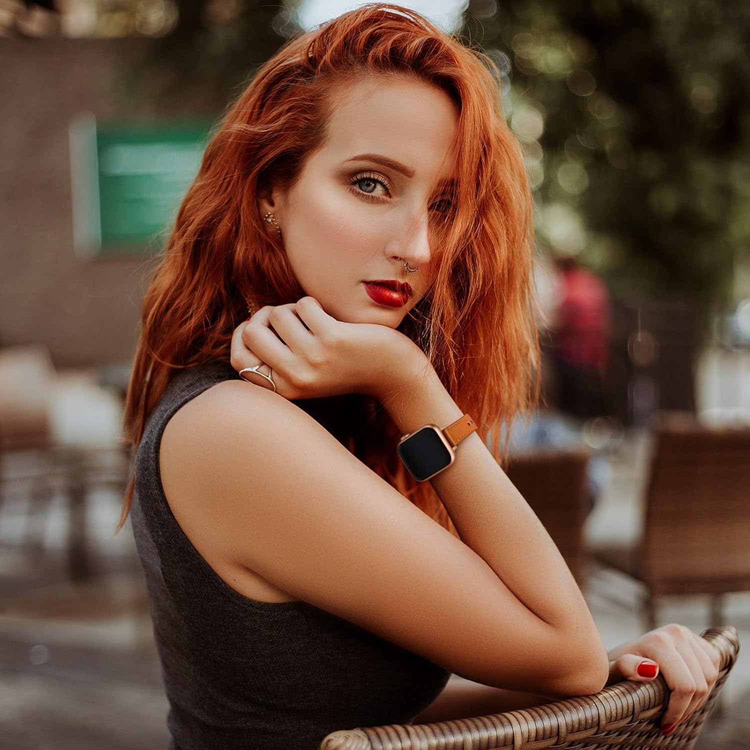 OUHENG Slim Band Compatible with Apple Watch Band 41mm 40mm 38mm 45mm 44mm 42mm, Women Genuine Leather Band Replacement Thin Strap for iWatch SE Series 7 6 5 4 3 2 1 (Brown Rose Gold, 41mm 40mm 38mm) Image