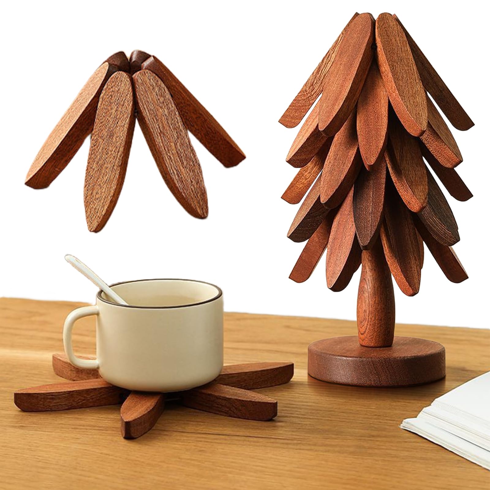 Speproeco 5 Trivets - Black Walnut Wooden Tree Trivet Set, Tree Shape Trivets For Hot Dishes, Wood Coasters For Christmas Kitchen Decor, Foldable Kitchen Wooden Trivets For Hot Pots And Pans