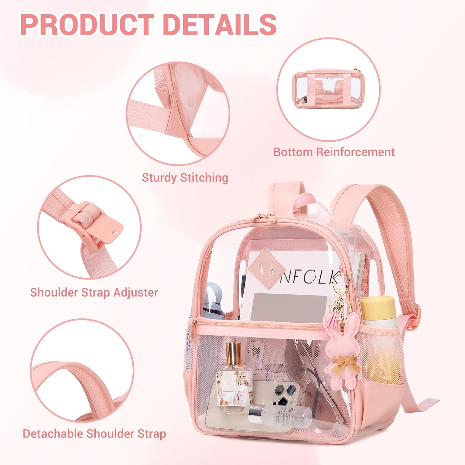 Clear Backpack for Stadium Events Approved 12×6×12, Thick TPU Mini Clear Bag with Front Pocket for Concert Sport Events Work Travel, Pink - Image 5