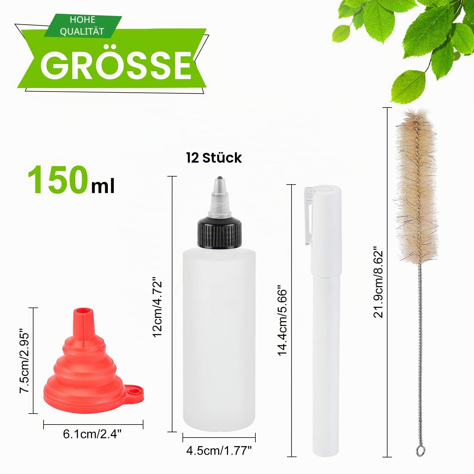 BENECREAT 12 Packung 150ml Plastik Quetschflaschen mit schwarzer Twist Cap Klebeflasche mit Trichter, Reinigungsbürste, Aufkleberetikett und Markierungsstift für Kunsthandwerk, Kunst, Kleber