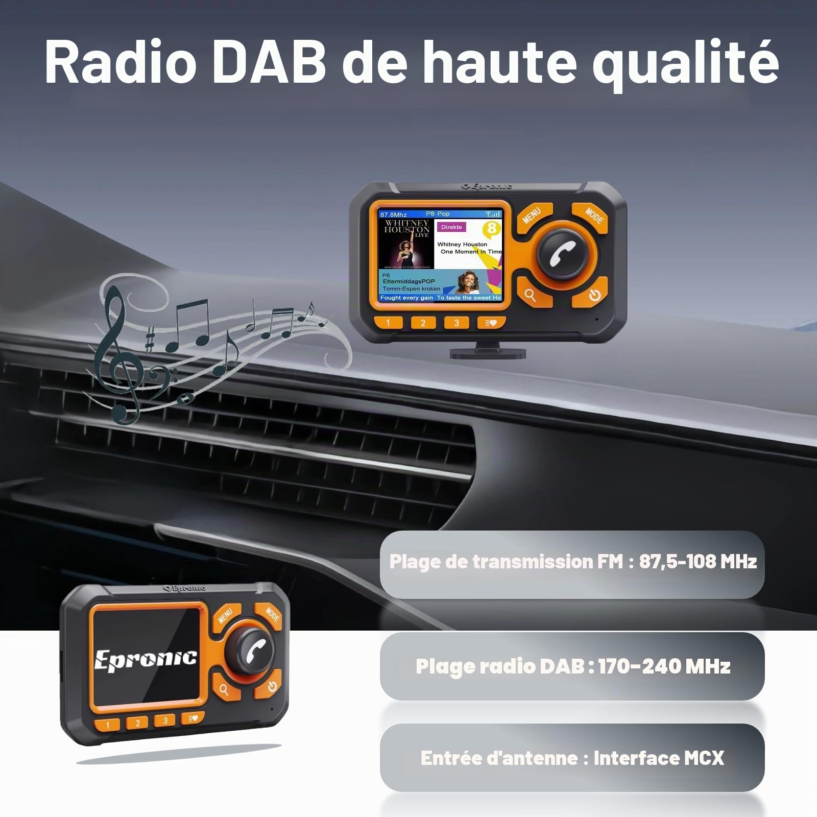 Adaptateur Radio Dab pour Voiture Émetteur Dab Plug & Play avec Bluetooth Mains Libres, écran LCD 2,4", Récepteur Radio Dab+ avec Sortie Auxiliaire et Lecteur de Carte TF pour Autoradio