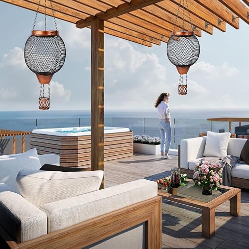 Miniatura 9 de Starsoul Linterna solar de globo de aire caliente con portavelas, globo solar de aire caliente parpadeante, luz colgante de llama para jardín,