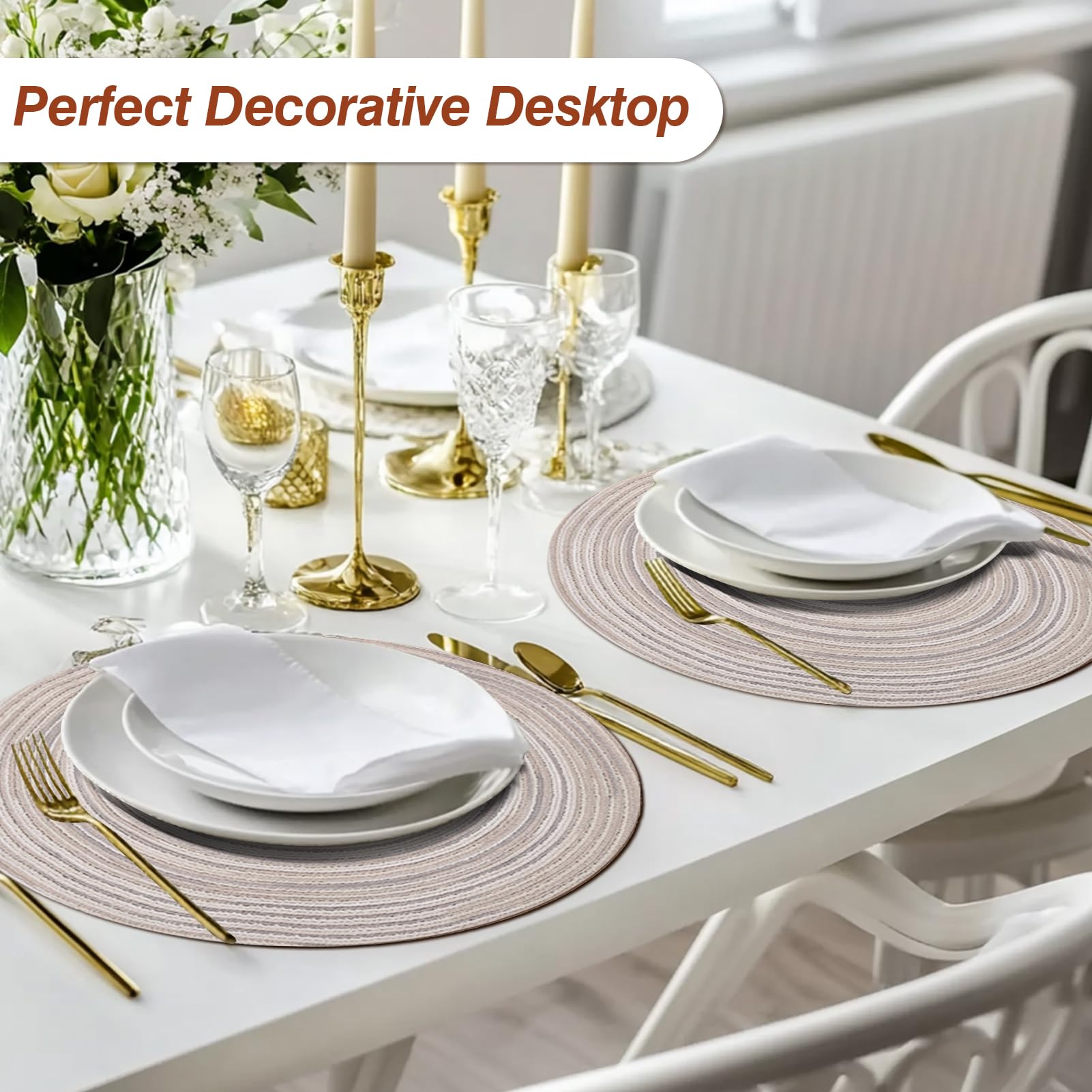 HEYOMART Set van 6 ronde gevlochten placemats, afwasbaar, beige, rond, wasbaar, hittebestendig, voor Kerstmis, bruiloft, feest, keuken, decoratie, 38 cm