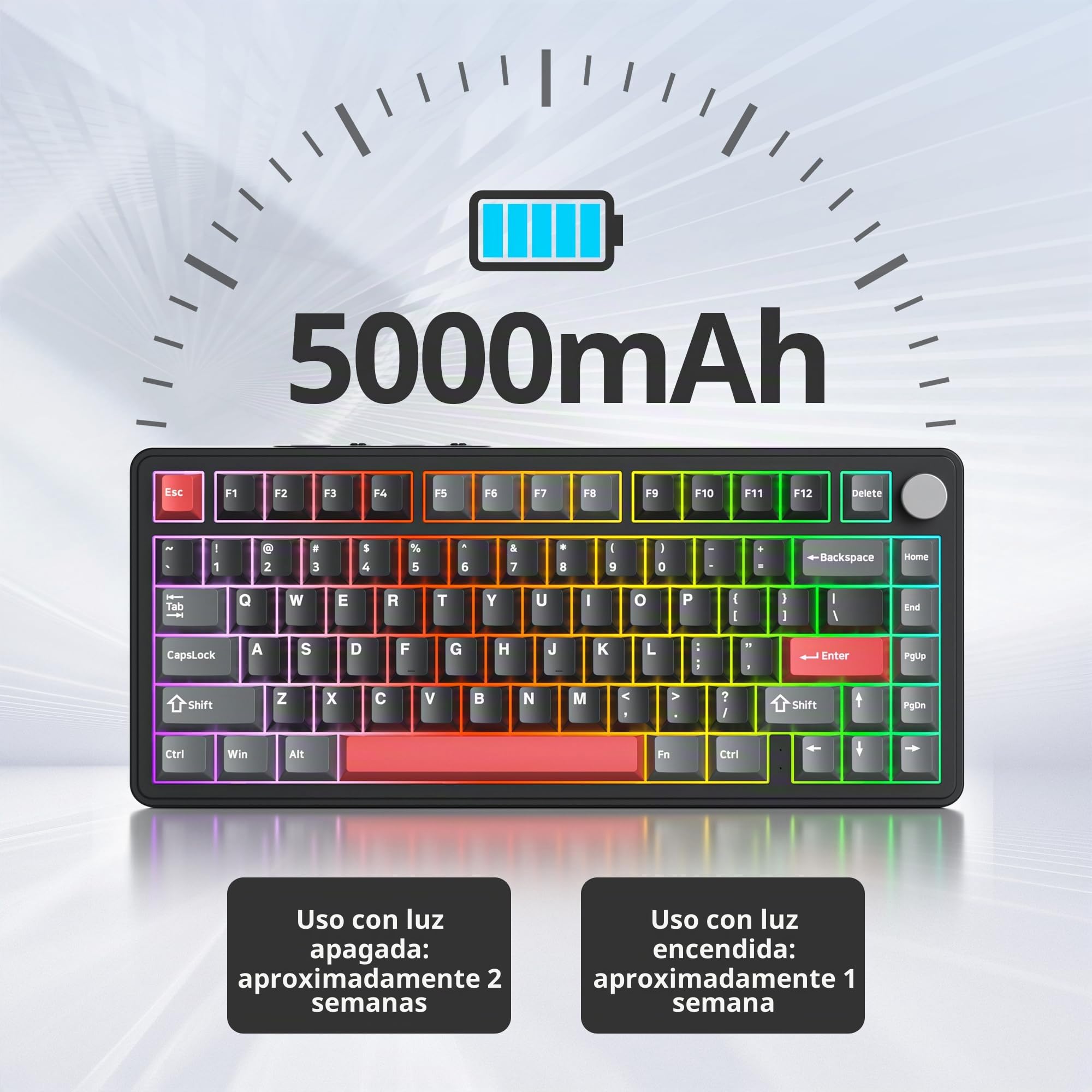 SOLIDEE Teclado Intercambiable en Caliente 75% con Perilla,Bluetooth 5.0/2.4GHz/USB-C Teclado mecánico Gasket,South Facing retroiluminación RGB Teclado mecánico para Juegos para Win Mac(Shadow Red)