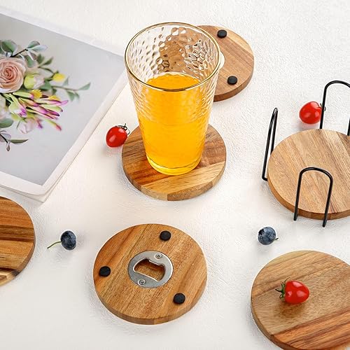 Miniatura 3 de Juego de 6 posavasos de madera para bebidas con abridor de botellas, posavasos de madera de acacia para mesa de café, mesa de comedor, escritorio