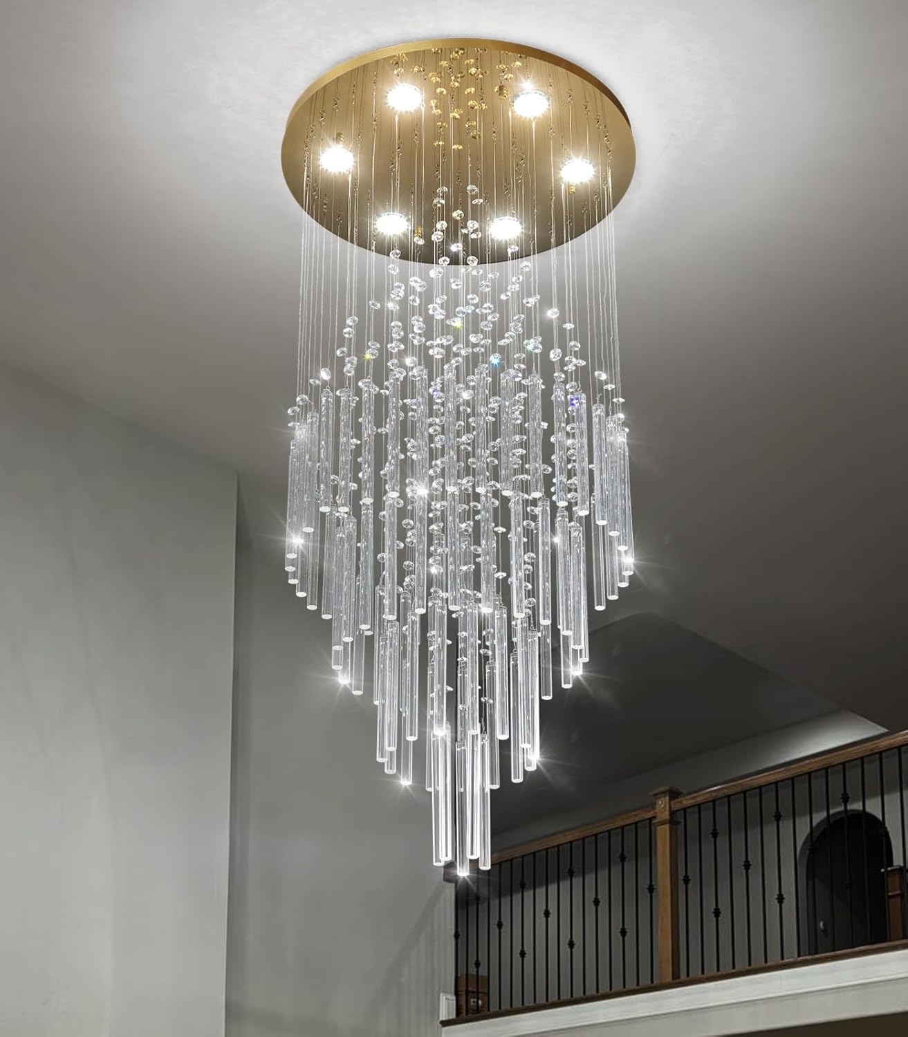 HAIXIANG W20 x H40 Crystal Glam Chandelier Long Light Chandeliers with Dimmable Light Bulbs High Ceiling Light Fixtures for Foyer Entryway Living Room Stair Gold