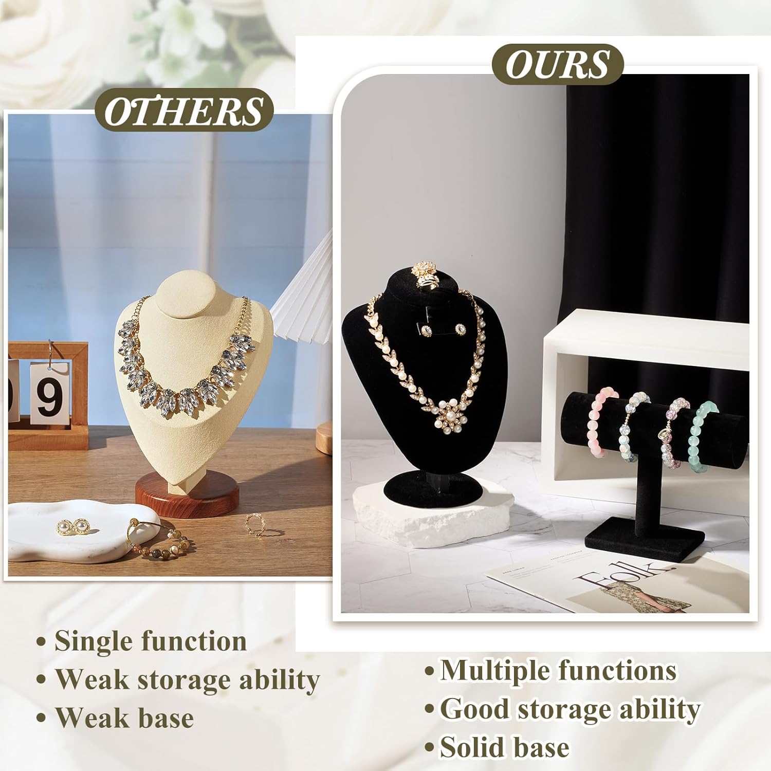 RattanView 2 Pcs Black Velvet Jewelry Display Set Necklace Mannequin Bust Stand T Bar Bracelet Holder for Retail Home Decor