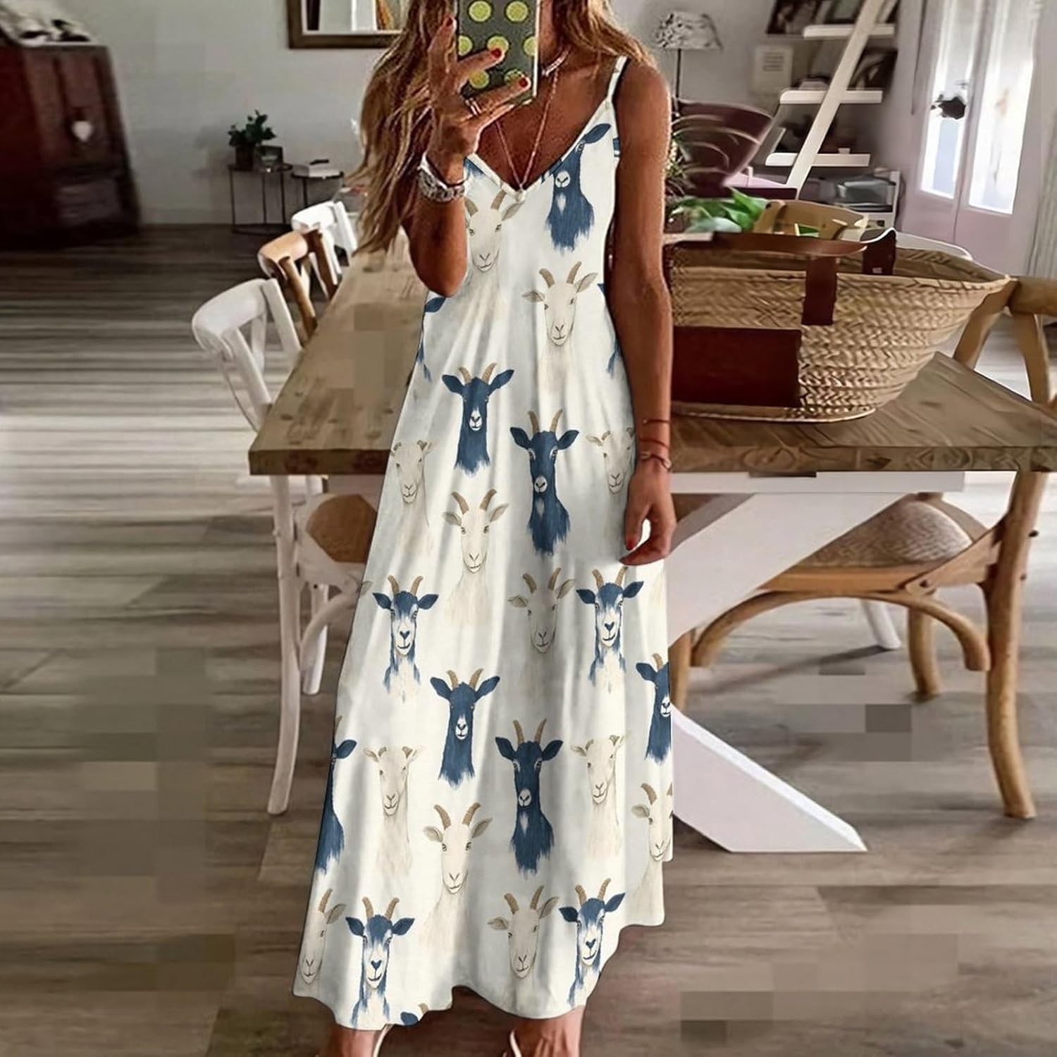 Simple Goats Print Summer Maxi Dresses for Women, Casual Beach Vacation Spaghetti Strap Sundresses