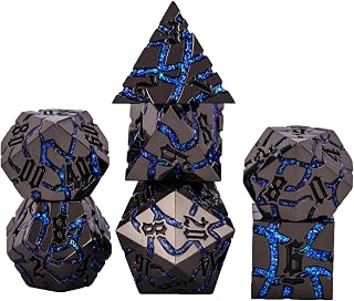 Cracked Rune Metal Dice Set for DND & RPG – Dark Fantasy Fractured Design, Premium Heavy Metal Polyhedral Dice with Deep Engraved Numbers, 7-Piece Set – Blue Arcane Vein