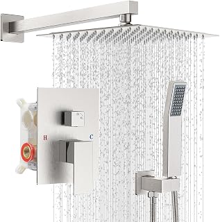 IUERASD Brushed Nickel Wall Mount Shower Faucet Set: 10 Inch Square Rainfall Shower Head, Handheld Spray & Single Handle System with Valve Body Included