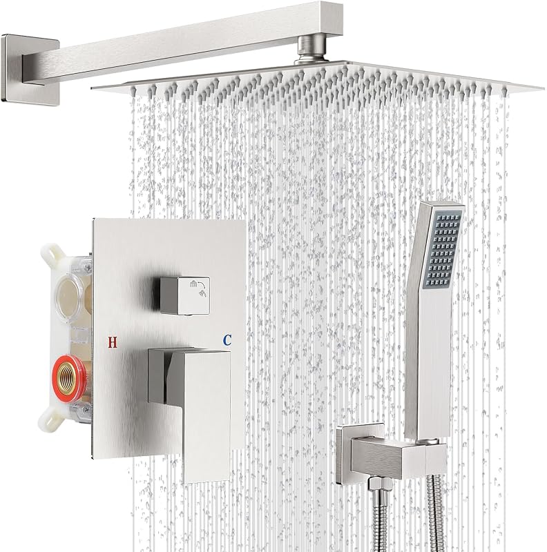 Juego de grifo de ducha con cabezal de ducha, sistema de ducha de níquel con cepillo | Montado en la pared, sistema de manija y cabezal de lluvia SUS304 de 2 funciones, cuerpo de válvula de ducha