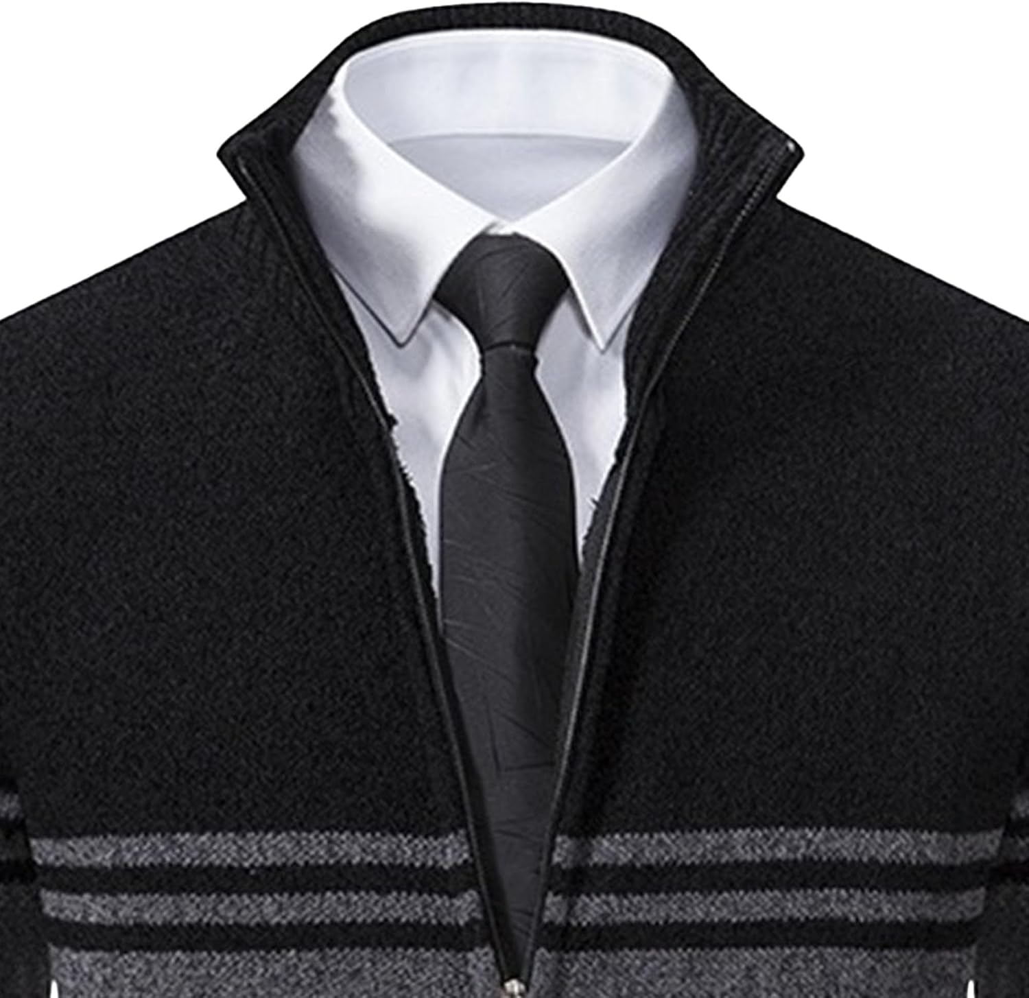 Men Stand Collar Zipper Knitted Coat Fashion Classic Loose Knit Jacket | Color Block Design, Striped Detail, Zip Pockets, Long Sleeve, Casual Fit