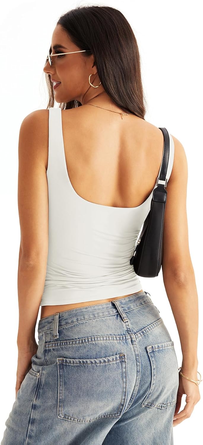 レディース スクエアネック ダブルラインタンクトップ ローバック フィットノースリーブトップス