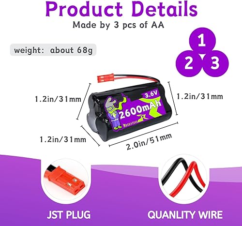 Miniatura 2 de 3.6V 2600mAh 1+2 Triángulo Sharp Ni-MH Batería recargable con JST Plug (rojo), apto para coche de juguete, barco, avión, Sharver, etc. con cargador