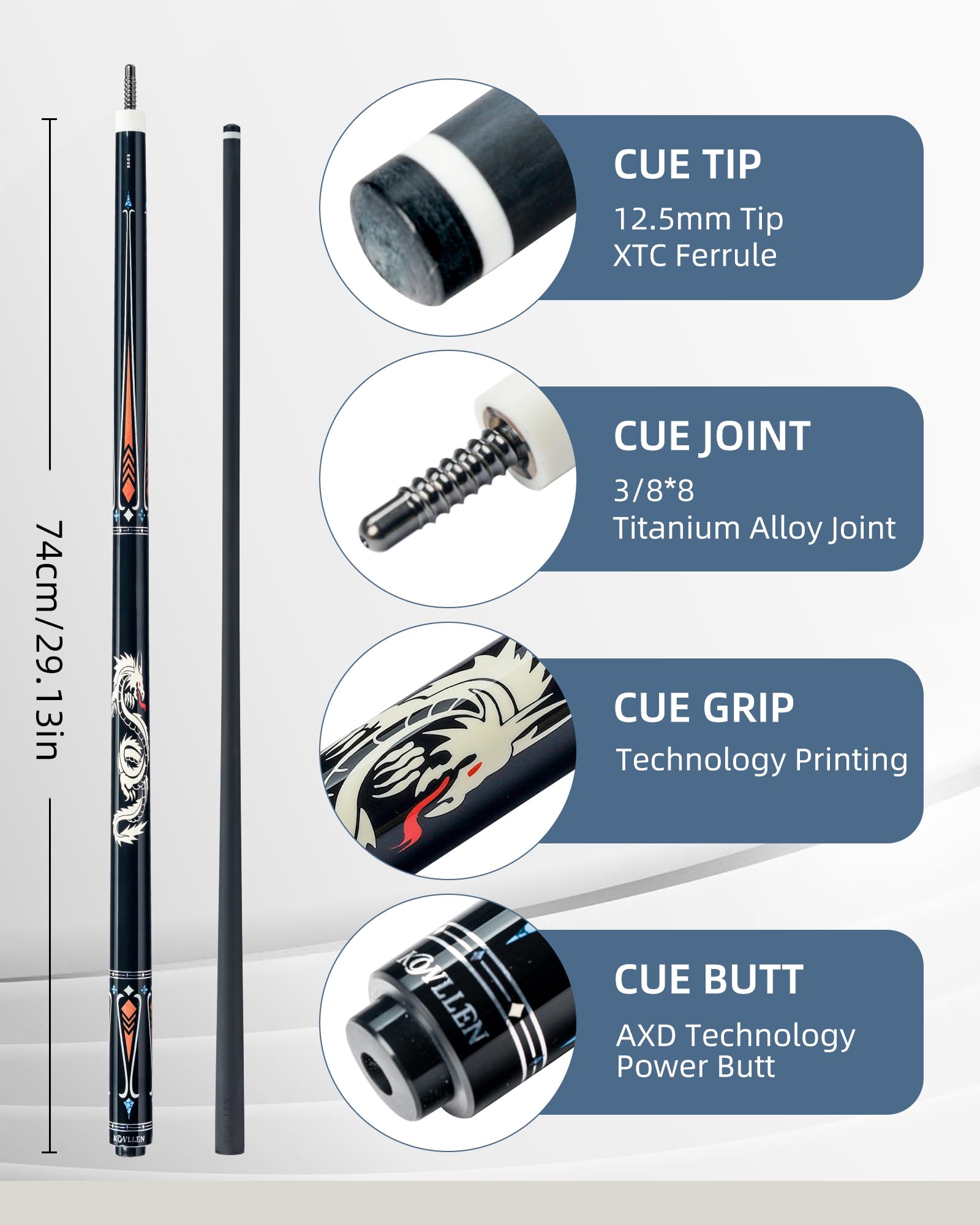 KONLLEN Carbon Fiber Pool Cue Stick 58-inch Professional Pool Sticks Low Deflection Pool Cue for Adults Ultra-Smooth Billiard Cues with 12.5mm Tip