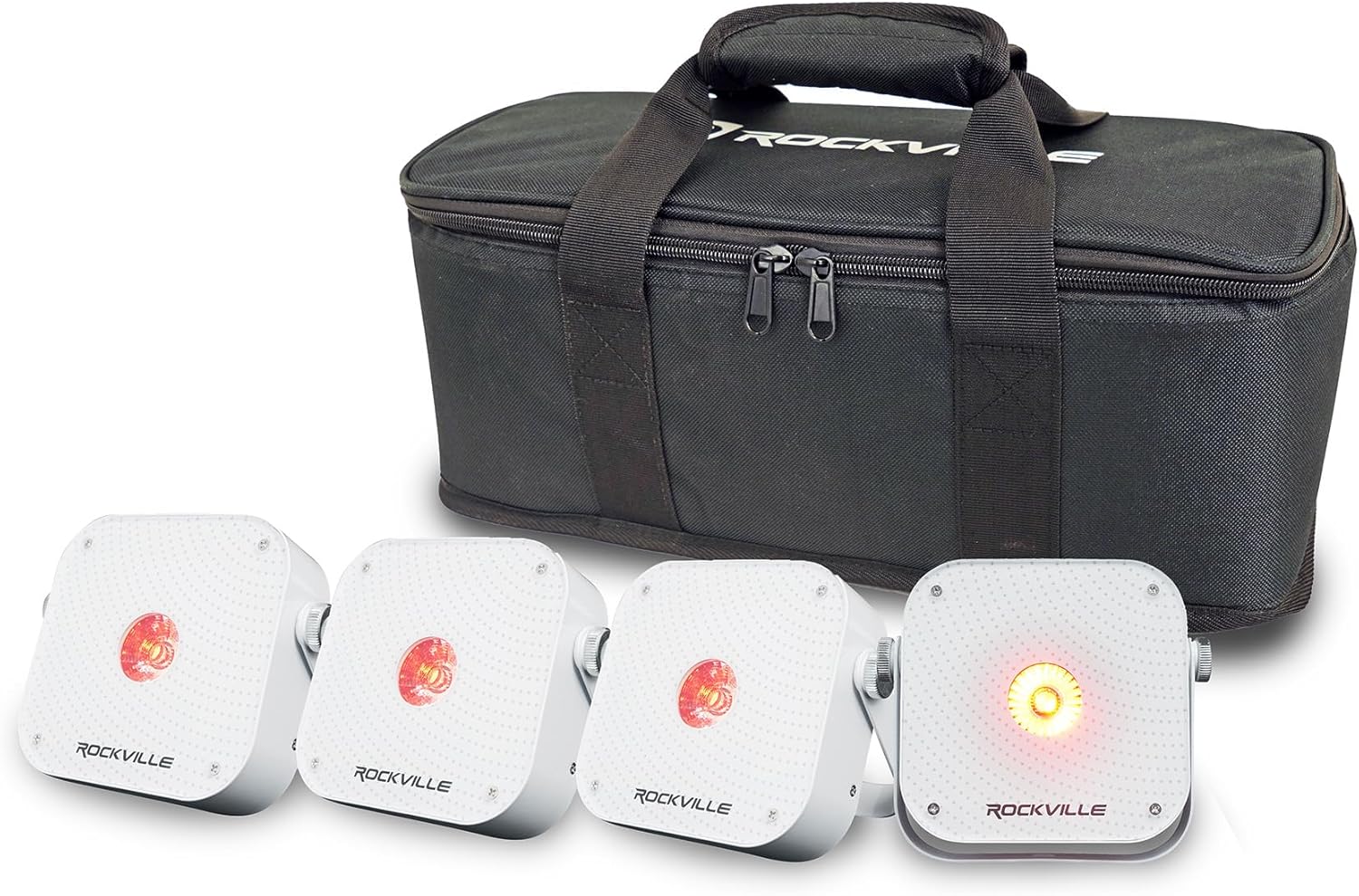 Rockville 4 Pack MINI RF1 V3 White LED Wash Up Light, RGBWA+UV, Compact, App, Remote, LCD, Wireless DMX, Rechargeable, Perfect for DJ/Party Lighting