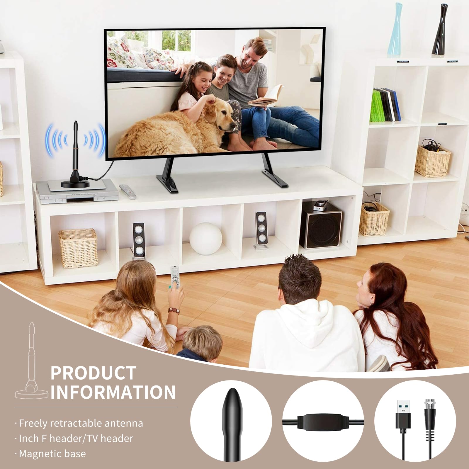 2026 Nuova Antenna Tv digitale Interna, Interni ed Esterni con Base Magnetica, Amplificatore di Segnale Support 4K HD/1080P/VHF/UHF per Home Smart Televisione/Radio, Cavo Coassiale 5M