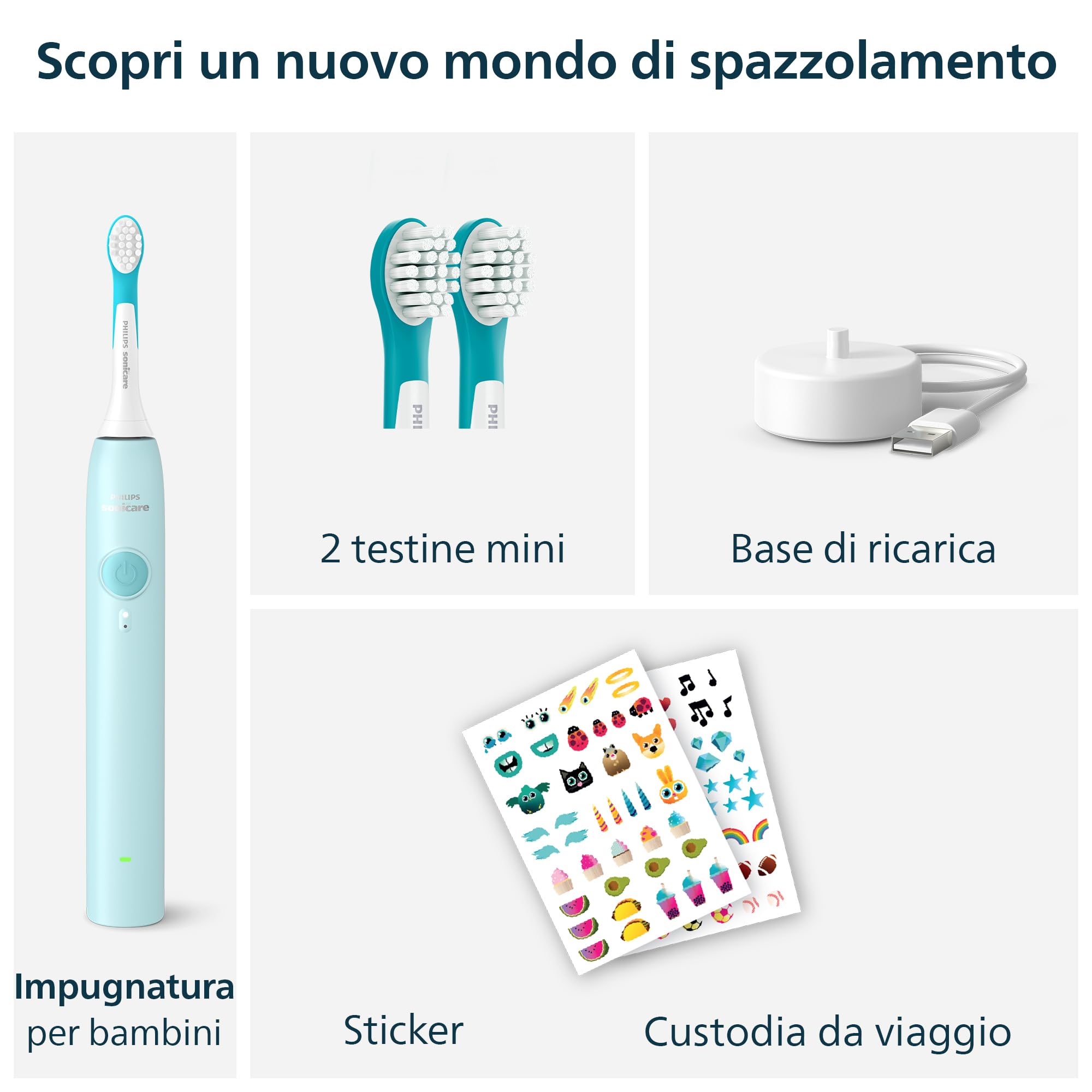 Spazzolino elettrico Philips Sonicare for Kids - Spazzolino sonico per bambini dai 3 anni in su, 2 modalità delicate, timer con audio da 2 minuti, 2 testine mini, verde acqua, modello HX6500/23