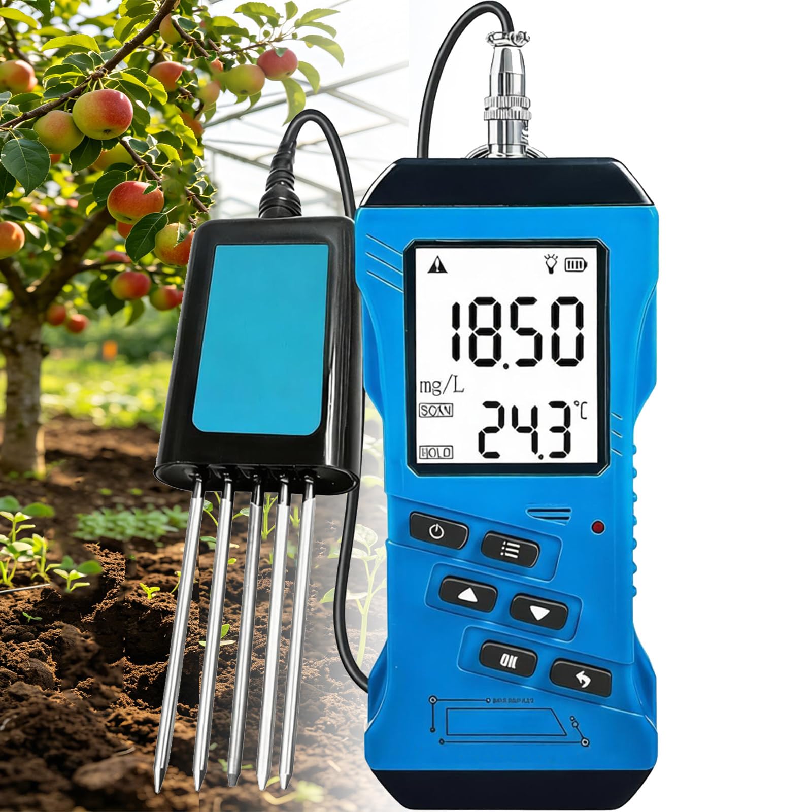 Medidor de suelo 7 en 1, probador digital NPK pH humedad temperatura CE, herramienta profesional precisa de prueba de suelo para jardín, granja, uso en invernaderos