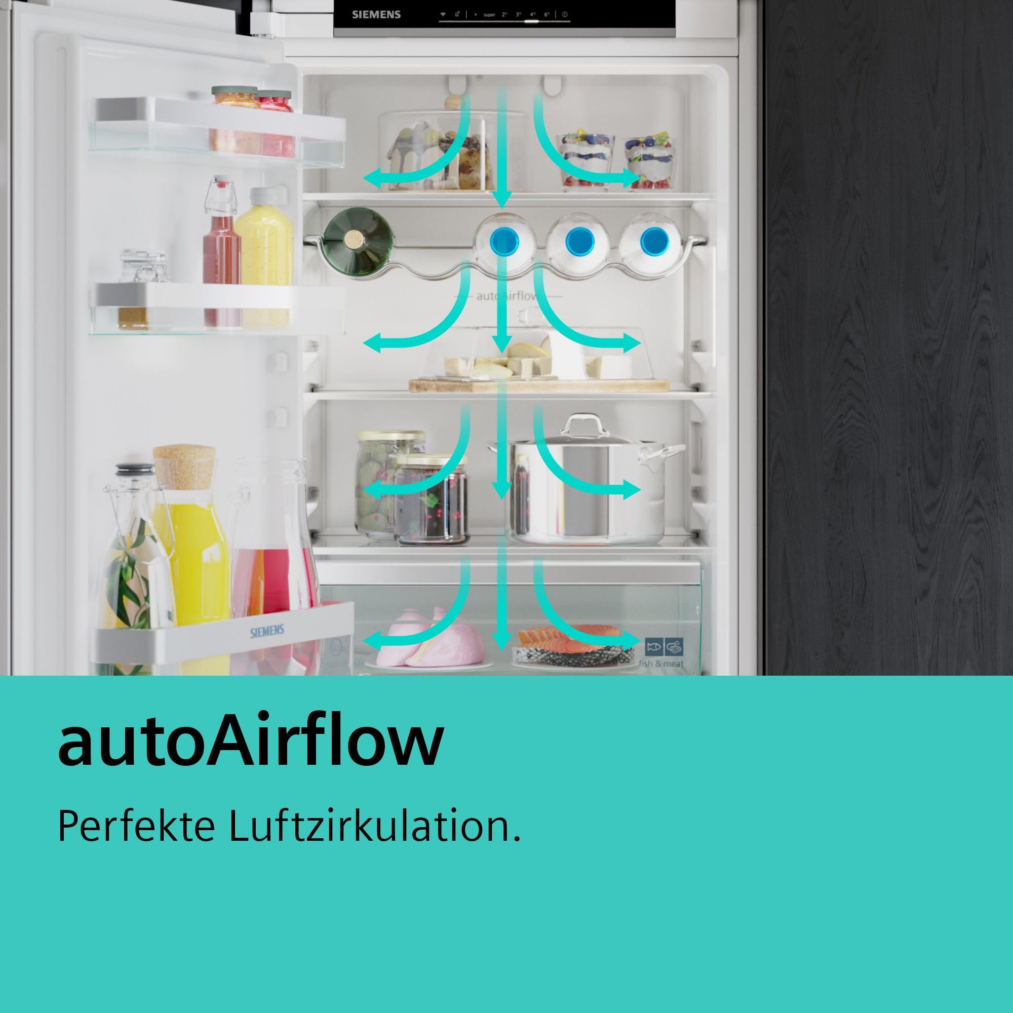 Siemens KI85NNFE0 iQ100 Einbau-Kühl-Gefrier-Kombination, 177,2 x 54,1 cm, 150 L Kühlen & 99 L Gefrieren, noFrost, autoAirflow - gleichmäßige Kühlung auf allen Ebenen, LED-Licht