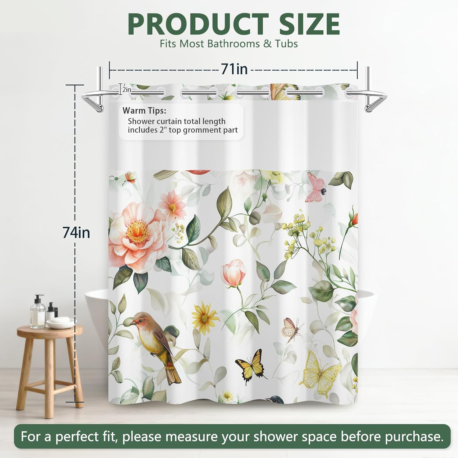 Floral Bird Shower Curtains for Bathroom, No Hook Shower Curtain and Liner Set with Split Ring Design, Rustic Shower Curtain with Translucent Mesh Window, Snap in Liner and Weighted Hem, 71"W x 74"L
