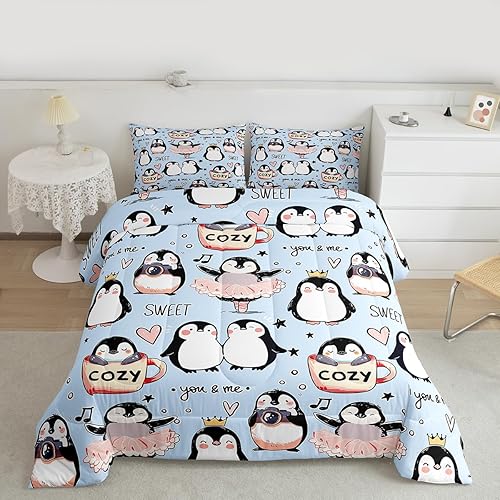 Miniatura 4 de Manfei Juego de edredón de pingüinos de dibujos animados para niños, tamaño King, bonito juego de ropa de cama de animales árticos, decoración de