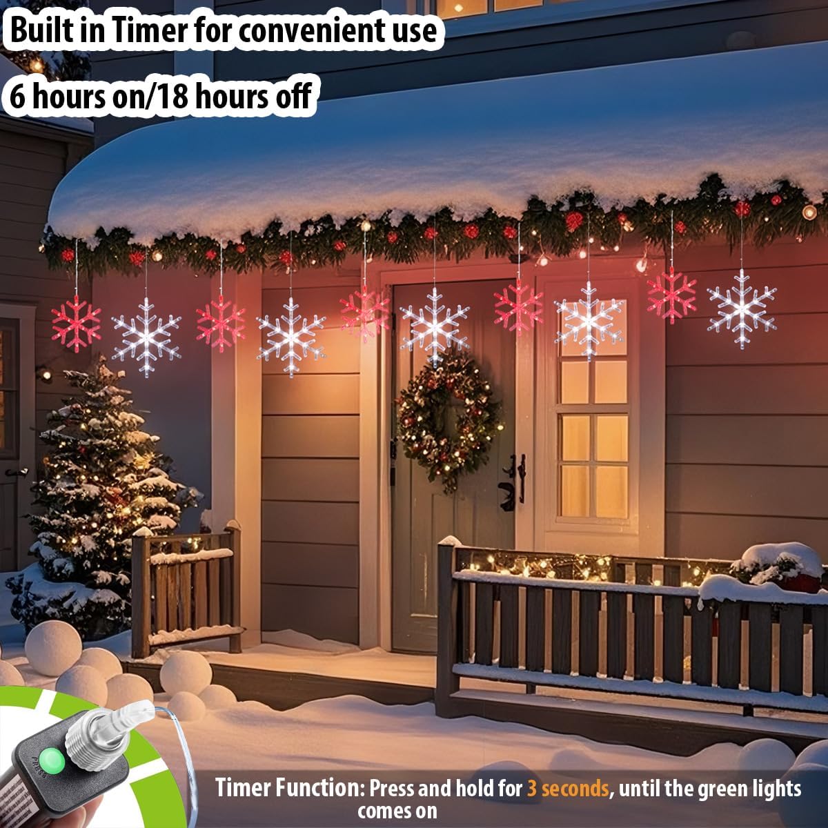 Christmas Snowflake Icicle Lights-9ft 150LED Twinkling Christmas Lights with Timer, Waterproof Connectable Hanging 10 Drop for Eave Window Porch Xmas Indoor Outdoor Decoration (Red and White)