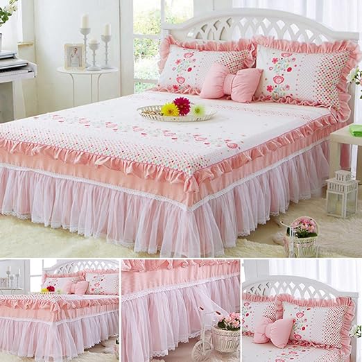 Amazon ベッドスカート 綿100 プリンセス風 手作り刺繍デザイン 高級感 お姫様雰囲気 レース ピンク 可愛いフリル オシャレ ダブル 150 0 45cm 桜色 ベッドスカート オンライン通販