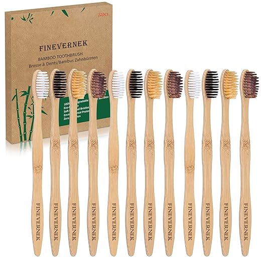 FINEVERNEK Kit de 12 Cepillos de Dientes de Bambú, Cepillos de Dientes de Bambú Natural y Ecolóico, 4 Colores Suaves Naturales de Cepillo de Diente de Bambú, para el Hogar y el Viaje