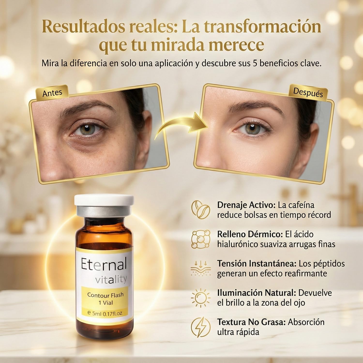 Vial contorno de ojos 5 ml Pack 3 con Péptidos, Ácido Hialurónico y Cafeina ojos. Tratamiento anti ojeras y arrugas finas ilumina, hidrata y reafirma la piel para un efecto quita ojeras instantáneo