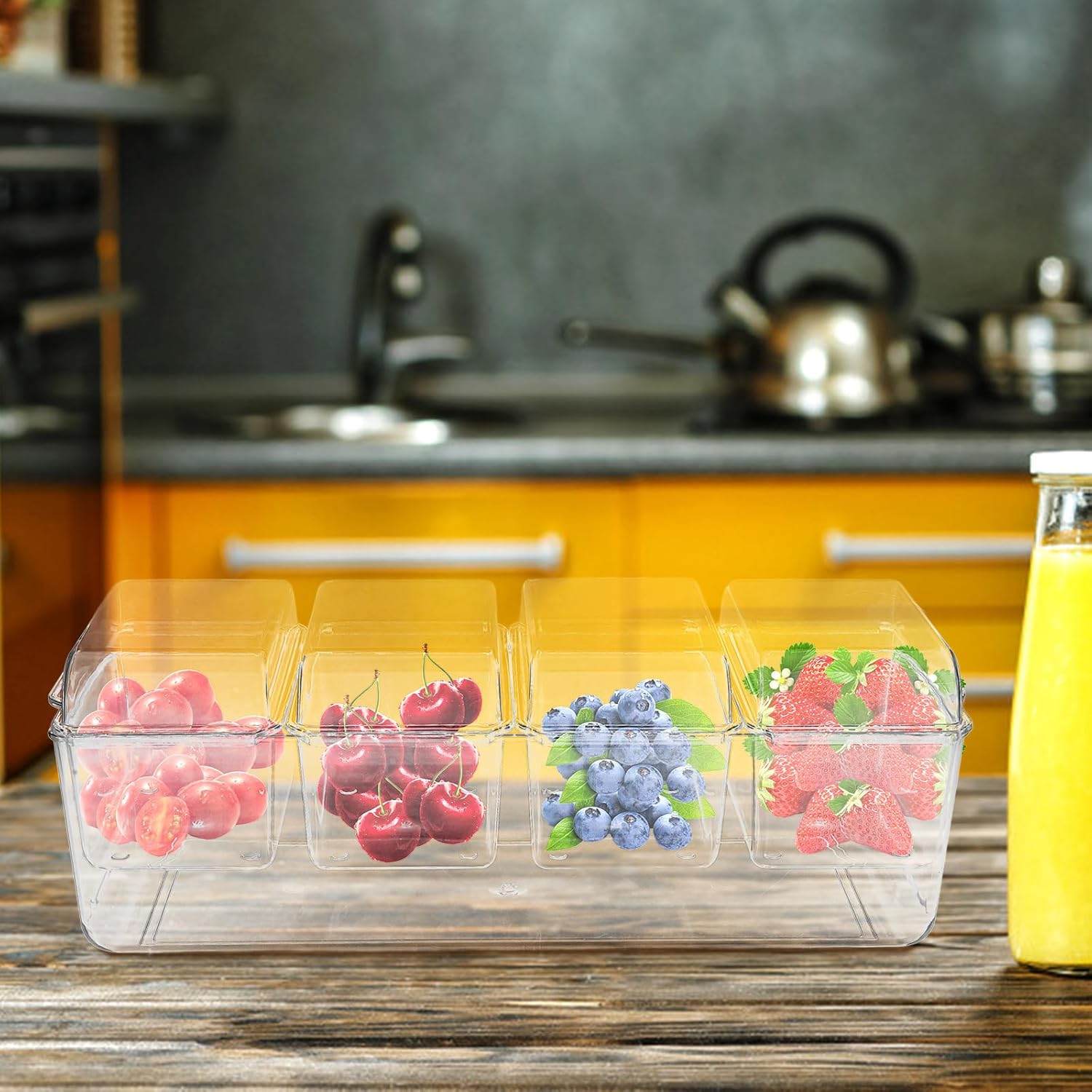 FRCOLOR Chilled Salad Platter with 4 Compartments and Lids, Plastic Fruit Salad Serving Tray, Removable Divided Food Container for Refrigerator Storage and Outdoor Use