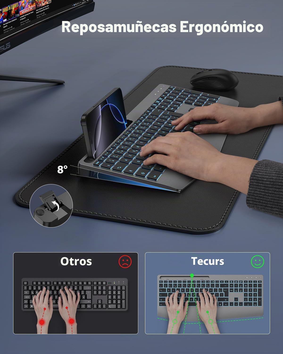 TECURS Teclado francés AZERTY inalámbrico ergonómico con reposamuñecas, 2,4 G inalámbrico Teclado silencioso Recargable, retroiluminado, Teclado para Ordenador para Windows