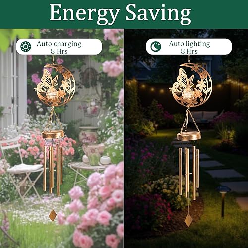 Vista 4 de Campana de viento de mariposa de luna para exteriores, campanillas de viento de metal hechas a mano con dijes de mariposa, campanas de viento